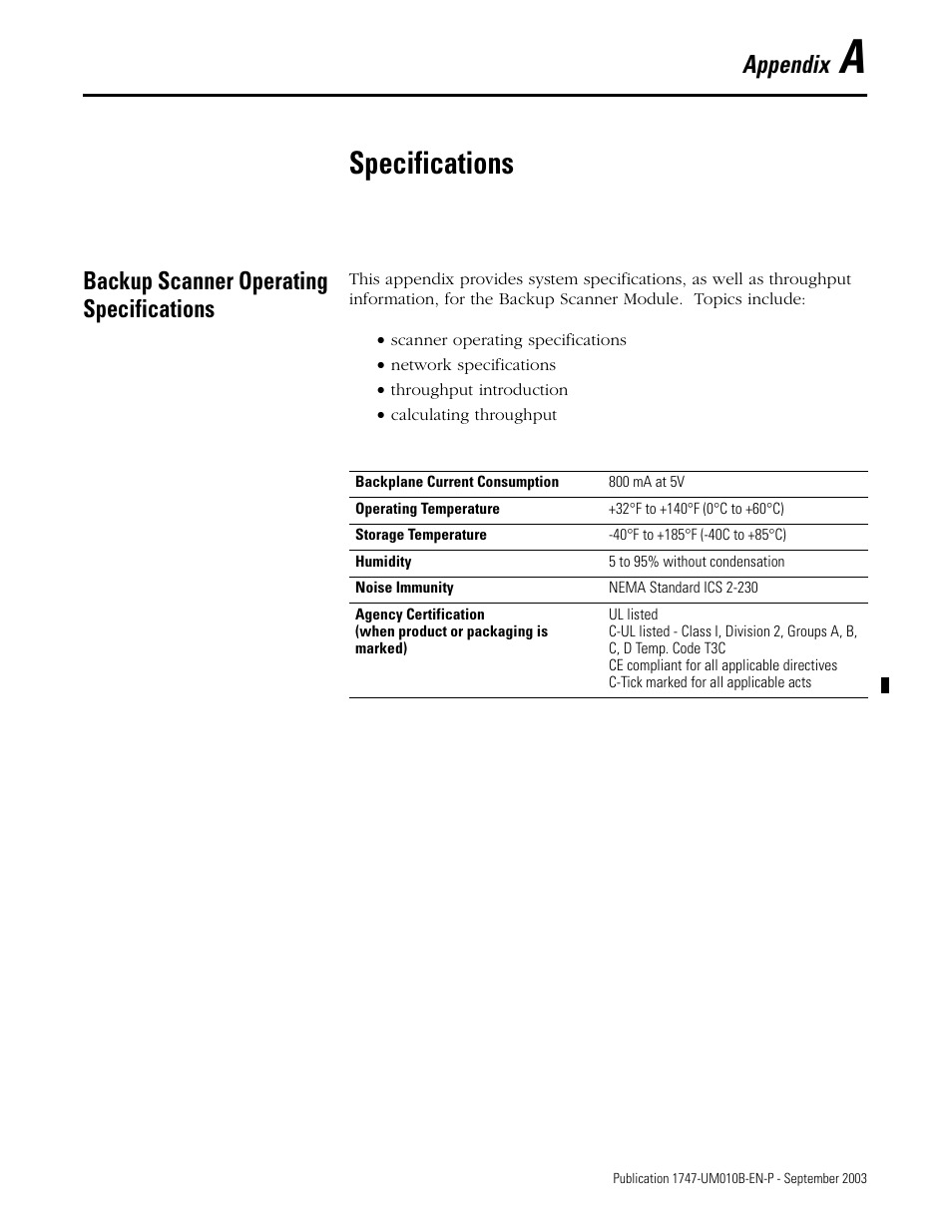 A - specifications, Backup scanner operating specifications, Appendix a | Specifications, Endix a, Appendix | Rockwell Automation 1747-BSN Backup Scanner Module User Manual | Page 165 / 204