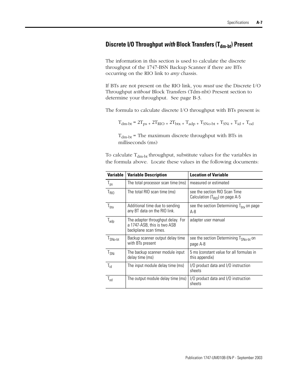 Discrete i/o throughput with, Discrete i/o throughput with block transfers (t, Present | Rockwell Automation 1747-BSN Backup Scanner Module User Manual | Page 171 / 204