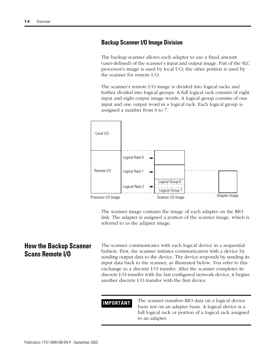 How the backup scanner scans remote i/o, Backup scanner i/o image division -4, How the backup scanner scans remote i/o -4 | Backup scanner i/o image division | Rockwell Automation 1747-BSN Backup Scanner Module User Manual | Page 18 / 204