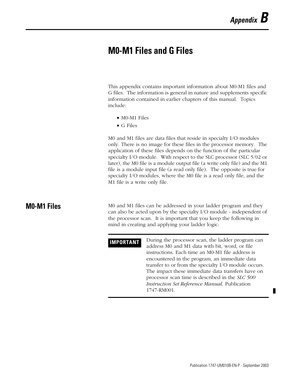 B - m0-m1 files and g files, M0-m1 files, Appendix b | M0-m1 files and g files, Endix b, Appendix | Rockwell Automation 1747-BSN Backup Scanner Module User Manual | Page 181 / 204