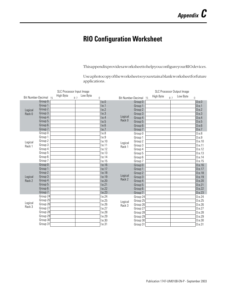 C - rio configuration worksheet, Appendix c, Rio configuration worksheet | Endix c, Appendix | Rockwell Automation 1747-BSN Backup Scanner Module User Manual | Page 191 / 204