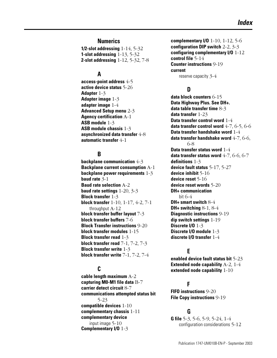 Index | Rockwell Automation 1747-BSN Backup Scanner Module User Manual | Page 199 / 204