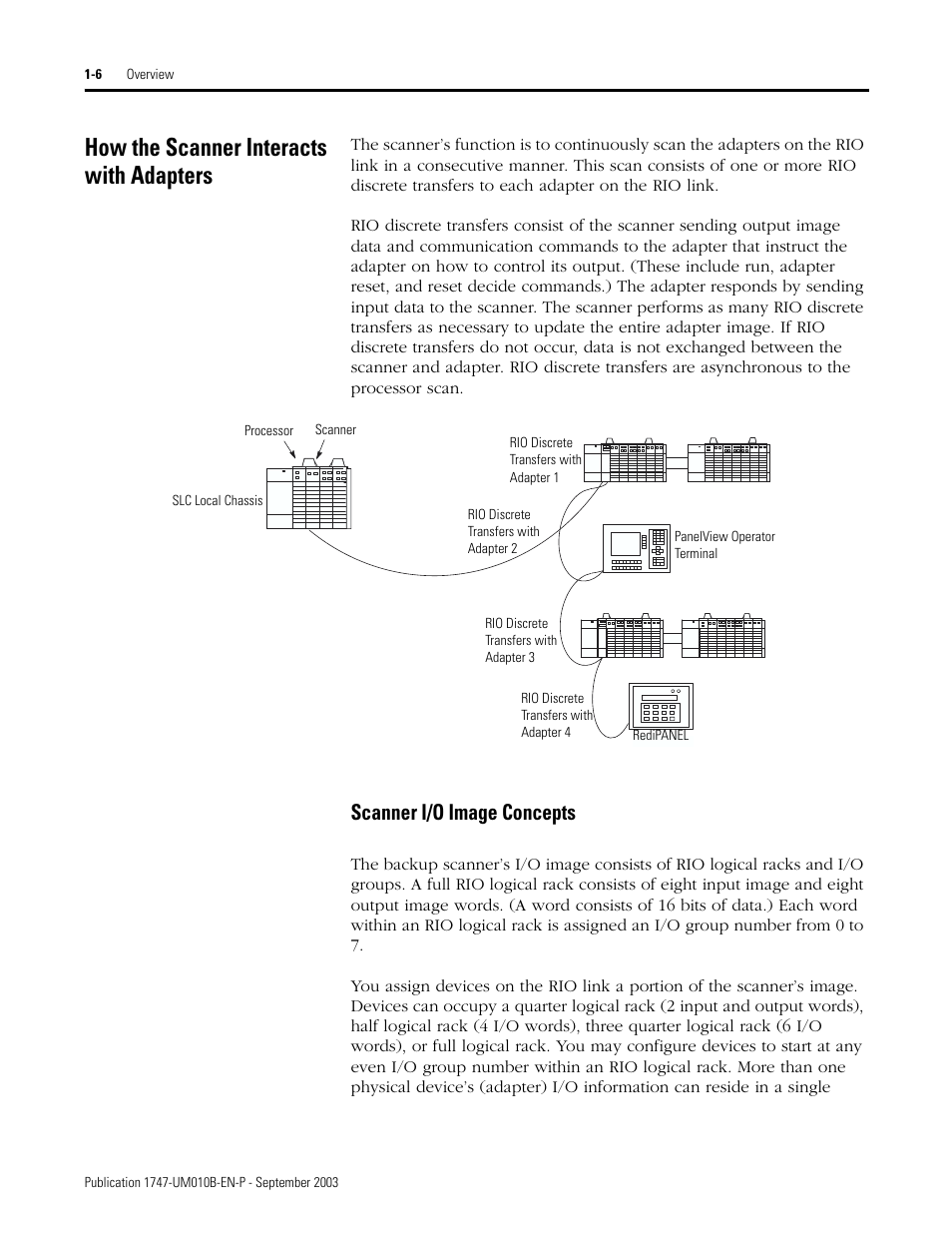 How the scanner interacts with adapters, How the scanner interacts with adapters -6, Scanner i/o image concepts -6 | Scanner i/o image concepts | Rockwell Automation 1747-BSN Backup Scanner Module User Manual | Page 20 / 204