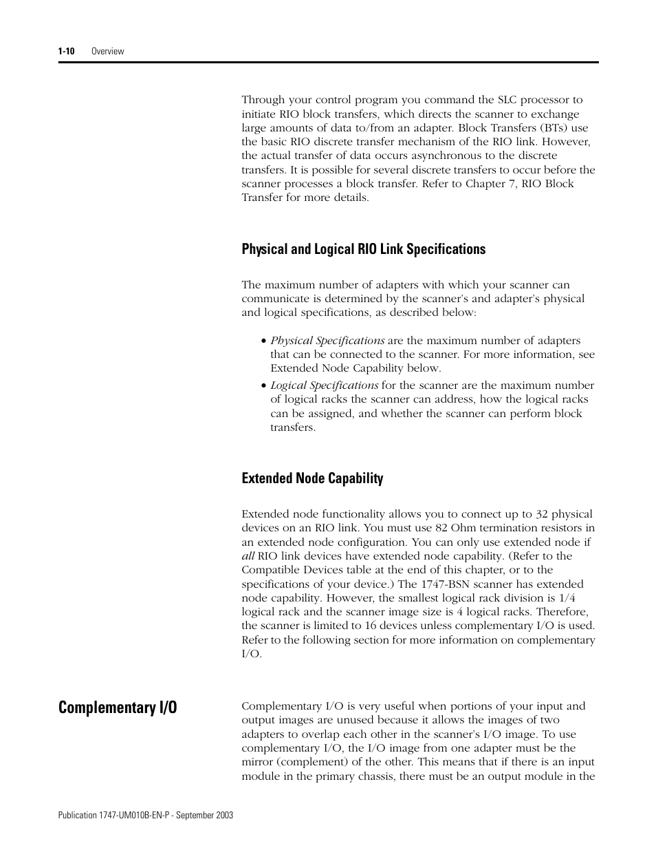 Complementary i/o, Complementary i/o -10 | Rockwell Automation 1747-BSN Backup Scanner Module User Manual | Page 24 / 204
