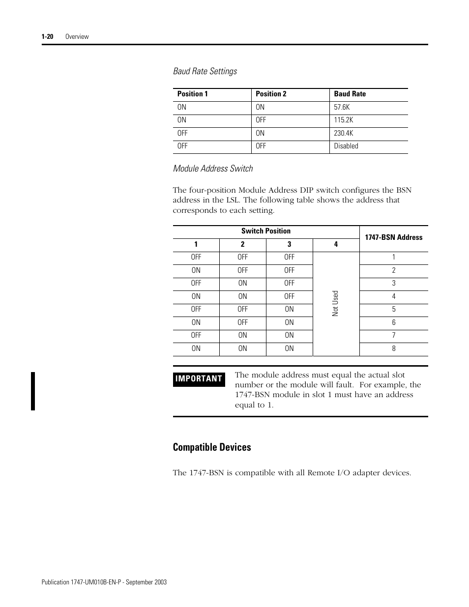 Compatible devices -20, Compatible devices | Rockwell Automation 1747-BSN Backup Scanner Module User Manual | Page 34 / 204