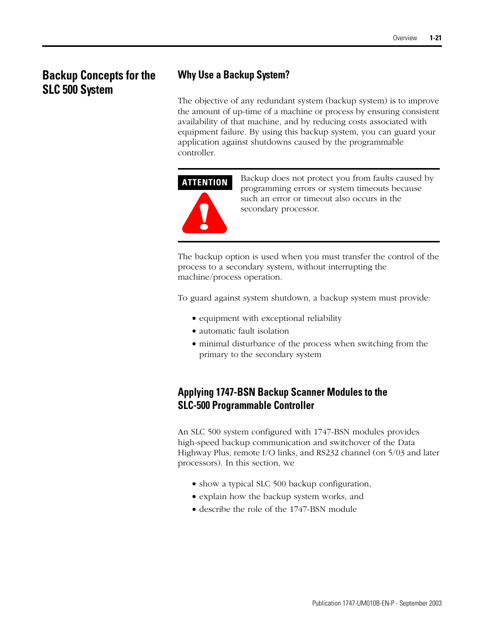 Backup concepts for the slc 500 system, Backup concepts for the slc 500 system -21 | Rockwell Automation 1747-BSN Backup Scanner Module User Manual | Page 35 / 204