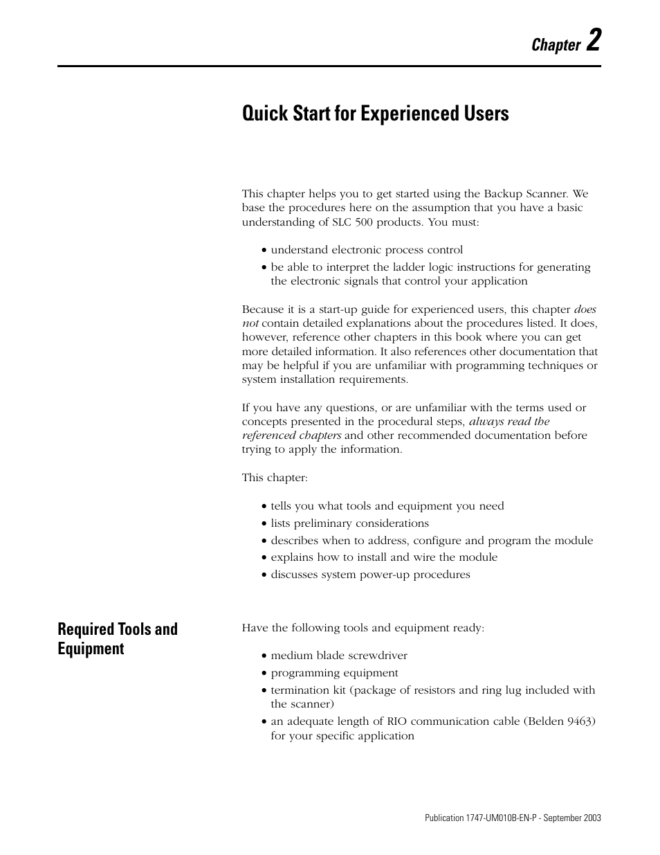 2 - quick start for experienced users, Required tools and equipment, Chapter 2 | Quick start for experienced users, Required tools and equipment -1, Hapter 2, Chapter | Rockwell Automation 1747-BSN Backup Scanner Module User Manual | Page 39 / 204