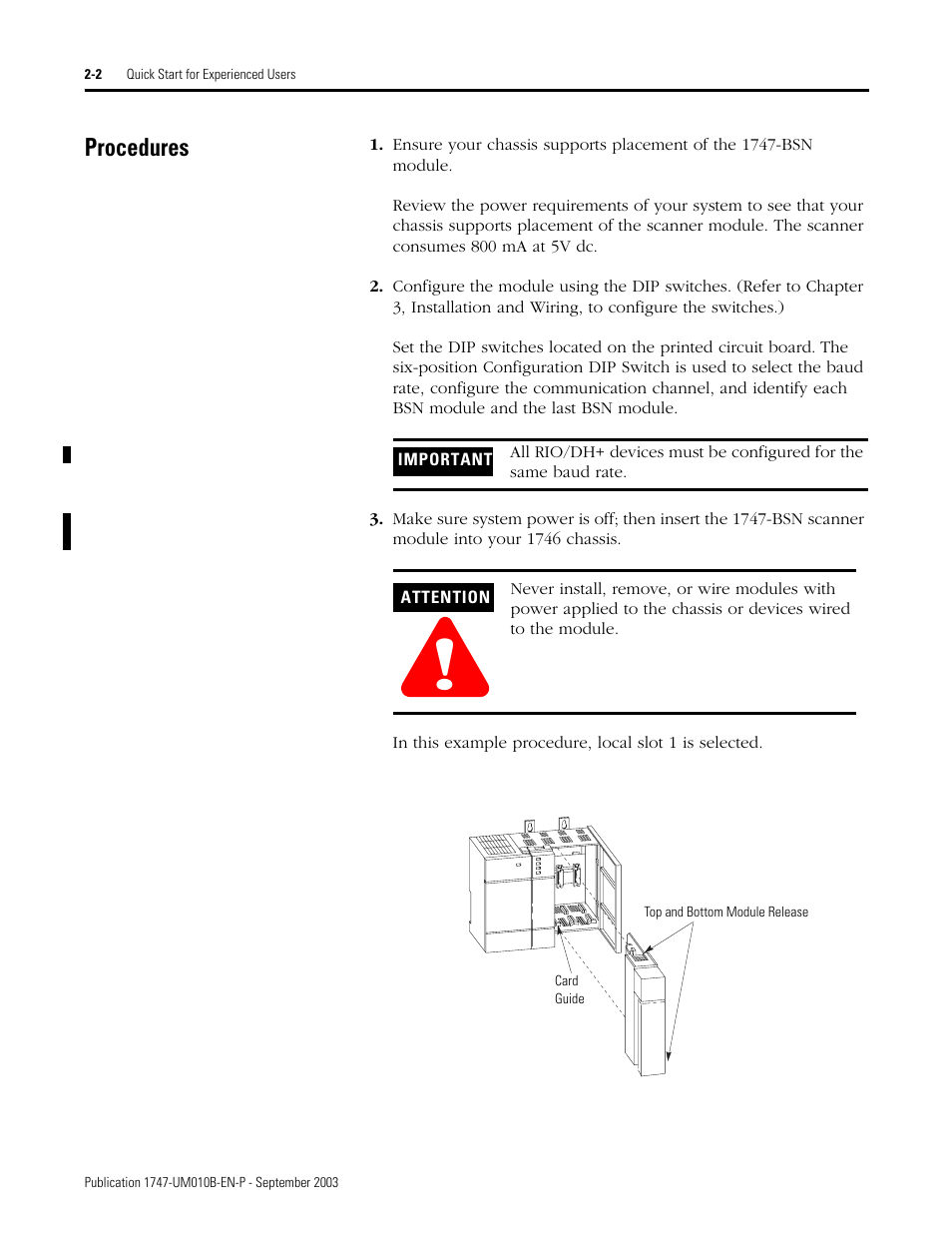 Procedures, Procedures -2 | Rockwell Automation 1747-BSN Backup Scanner Module User Manual | Page 40 / 204