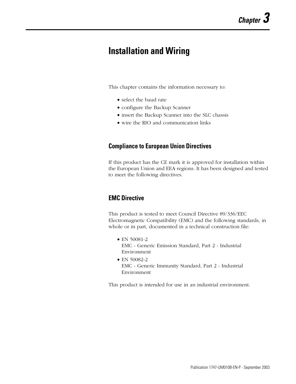 3 - installation and wiring, Chapter 3, Installation and wiring | Chapter | Rockwell Automation 1747-BSN Backup Scanner Module User Manual | Page 43 / 204