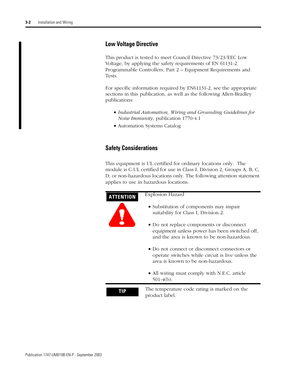 Low voltage directive -2 safety considerations -2 | Rockwell Automation 1747-BSN Backup Scanner Module User Manual | Page 44 / 204