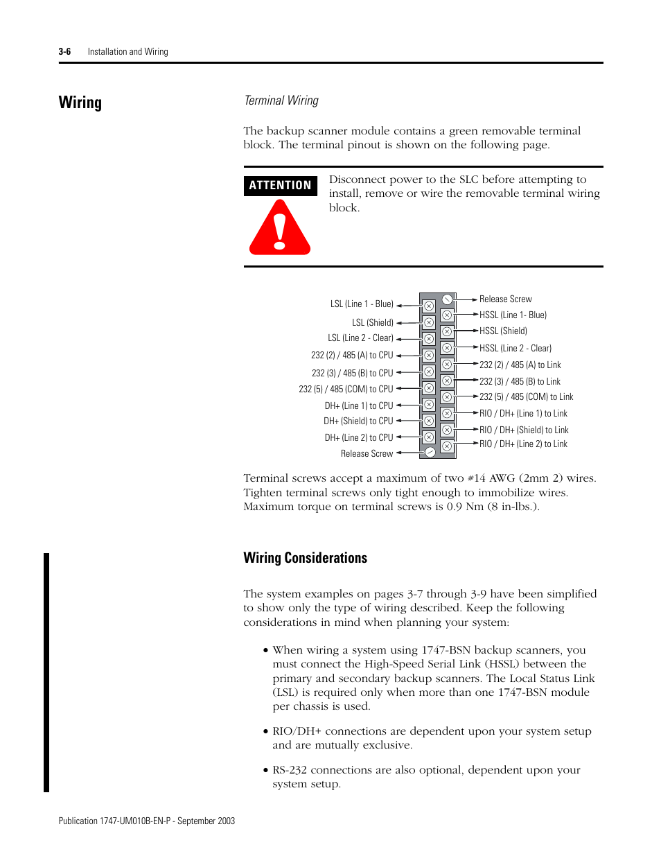 Wiring, Wiring -6, Wiring considerations -6 | Wiring considerations | Rockwell Automation 1747-BSN Backup Scanner Module User Manual | Page 48 / 204