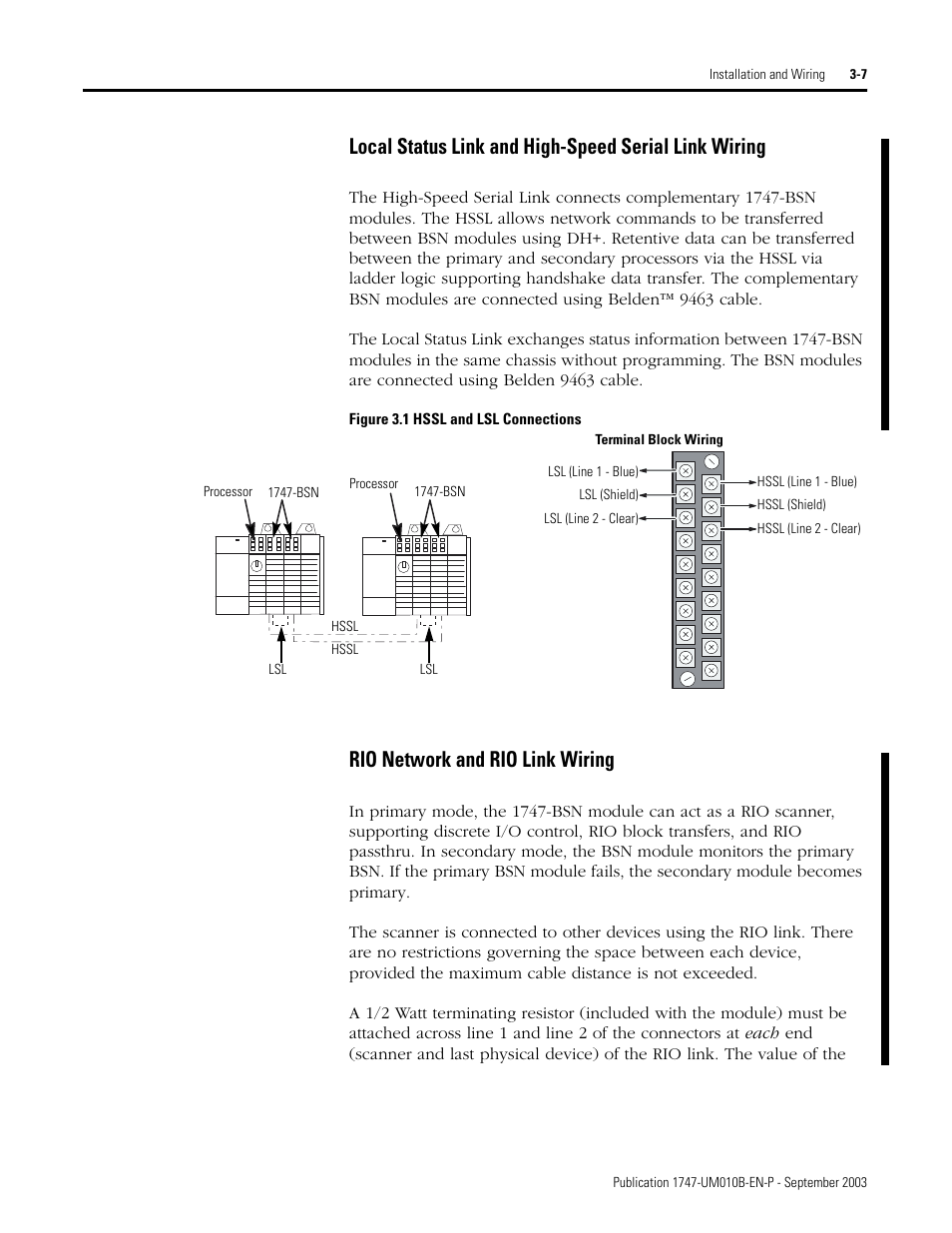 Rio network and rio link wiring | Rockwell Automation 1747-BSN Backup Scanner Module User Manual | Page 49 / 204