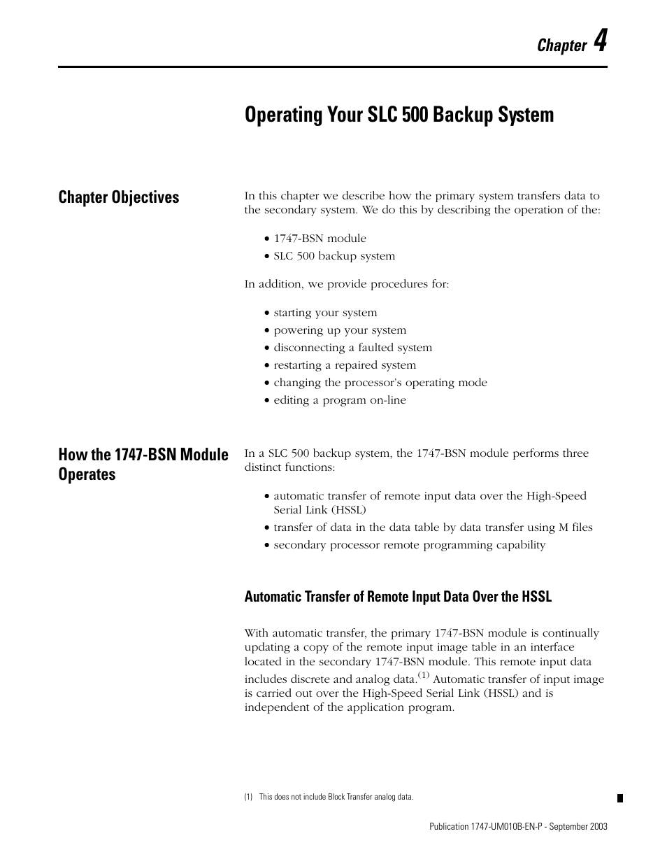 4 - operating your slc 500 backup system, Chapter objectives, How the 1747-bsn module operates | Chapter 4, Operating your slc 500 backup system, Chapter | Rockwell Automation 1747-BSN Backup Scanner Module User Manual | Page 53 / 204