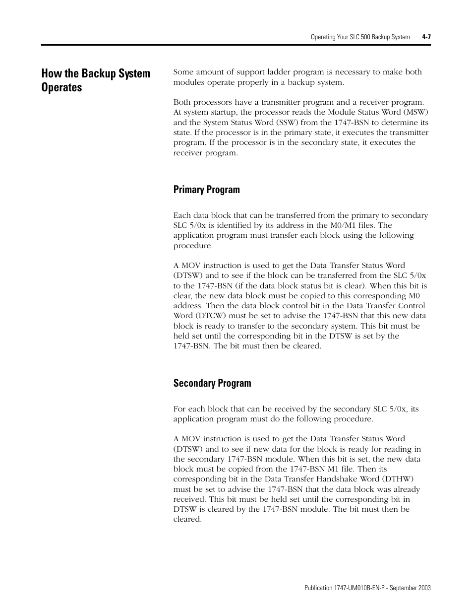 How the backup system operates, How the backup system operates -7, Primary program -7 secondary program -7 | Rockwell Automation 1747-BSN Backup Scanner Module User Manual | Page 59 / 204