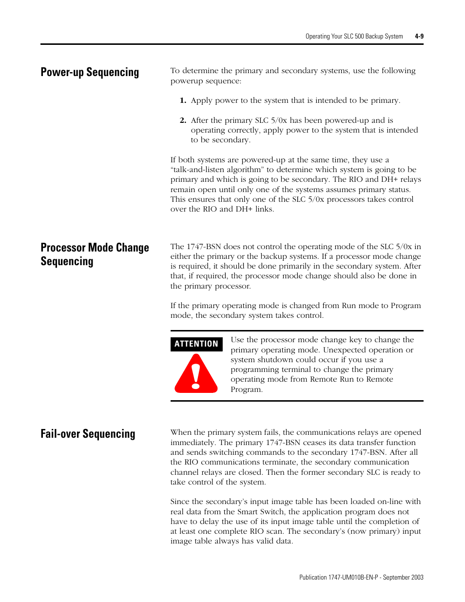 Power-up sequencing, Processor mode change sequencing, Fail-over sequencing | Rockwell Automation 1747-BSN Backup Scanner Module User Manual | Page 61 / 204