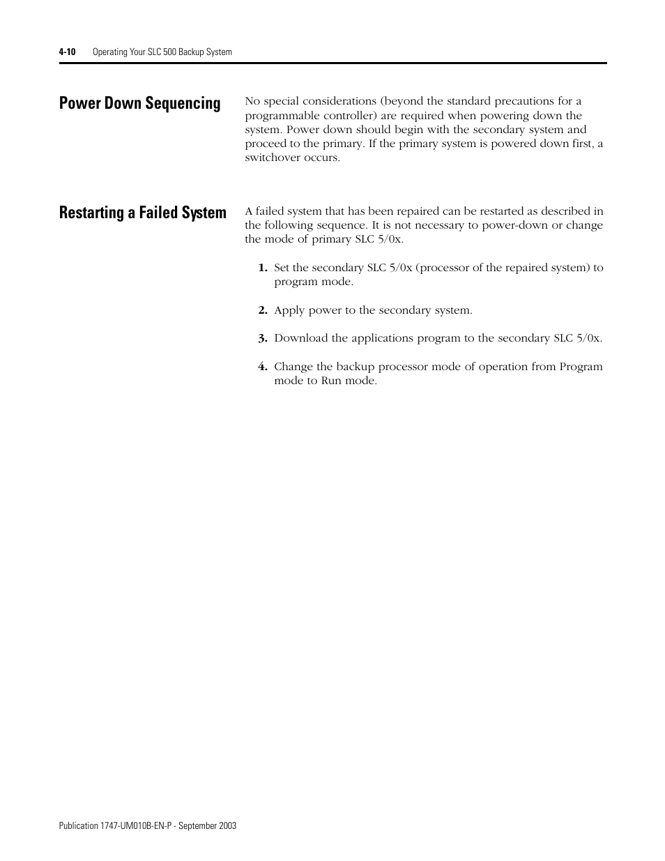 Power down sequencing, Restarting a failed system | Rockwell Automation 1747-BSN Backup Scanner Module User Manual | Page 62 / 204