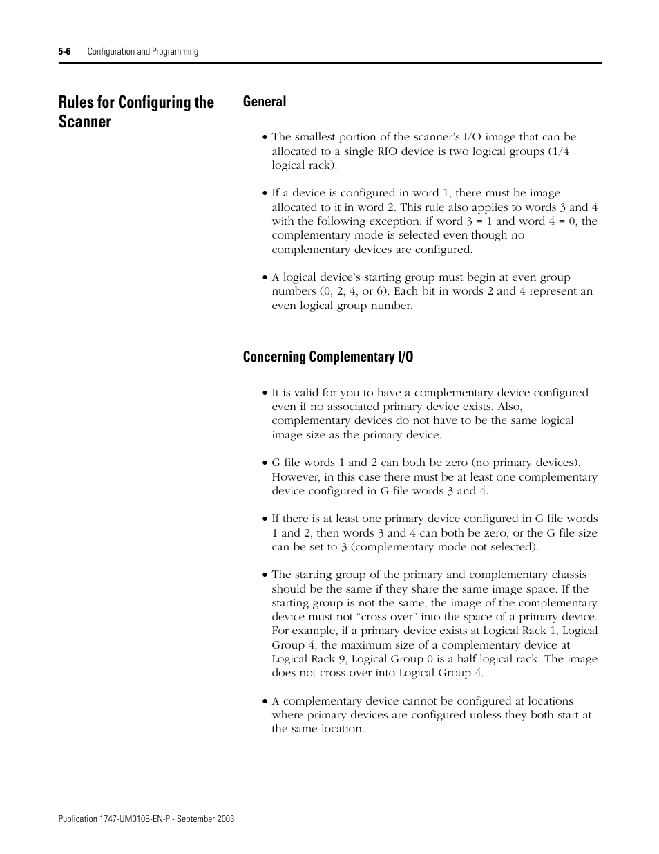 Rules for configuring the scanner, Rules for configuring the scanner -6, General -6 concerning complementary i/o -6 | General, Concerning complementary i/o | Rockwell Automation 1747-BSN Backup Scanner Module User Manual | Page 68 / 204