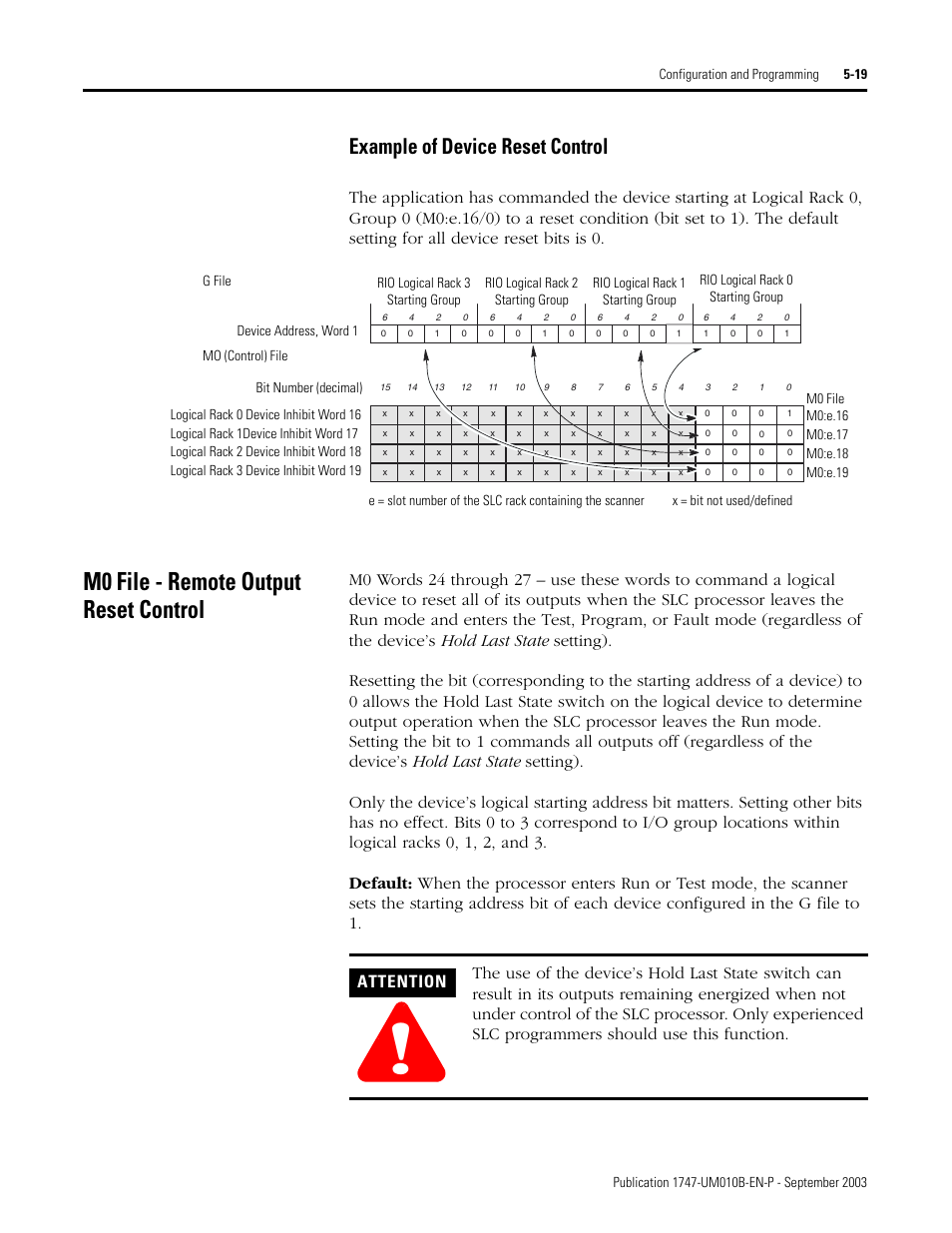 M0 file - remote output reset control, Example of device reset control -19, M0 file - remote output reset control -19 | Example of device reset control, Attention | Rockwell Automation 1747-BSN Backup Scanner Module User Manual | Page 81 / 204