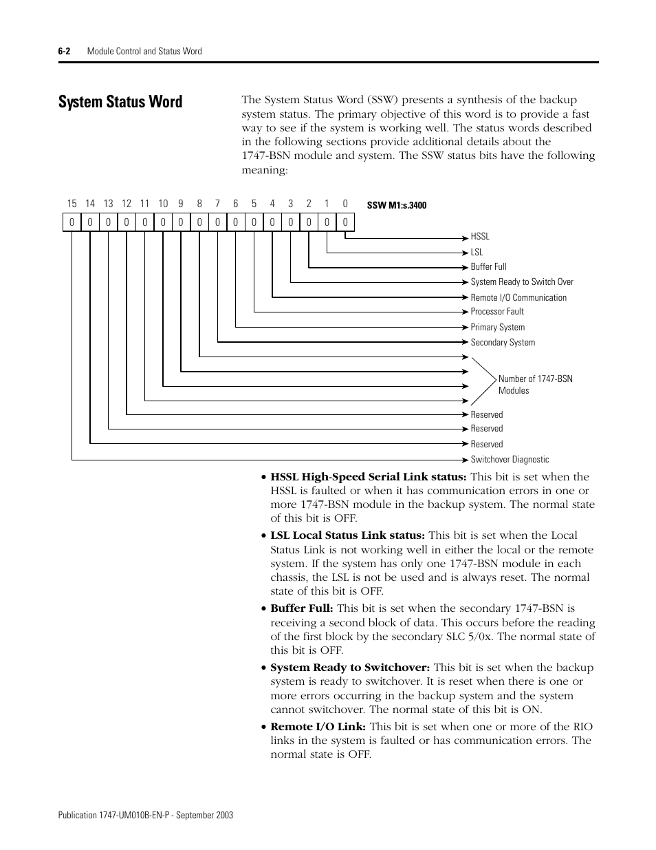 System status word, System status word -2 | Rockwell Automation 1747-BSN Backup Scanner Module User Manual | Page 98 / 204