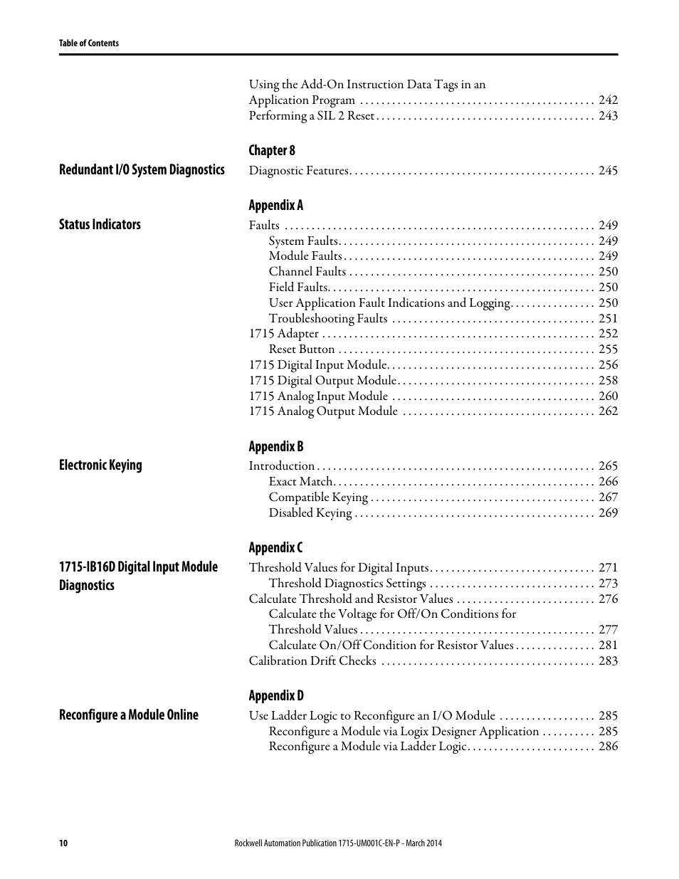 Using the add-on instruction data tags in an, Application program 242, Performing a sil 2 reset 243 | Diagnostic features 245, Faults 249, System faults 249, Module faults 249, Channel faults 250, Field faults 250, User application fault indications and logging 250 | Rockwell Automation 1715-OF8I Redundant I/O System User Manual User Manual | Page 10 / 324