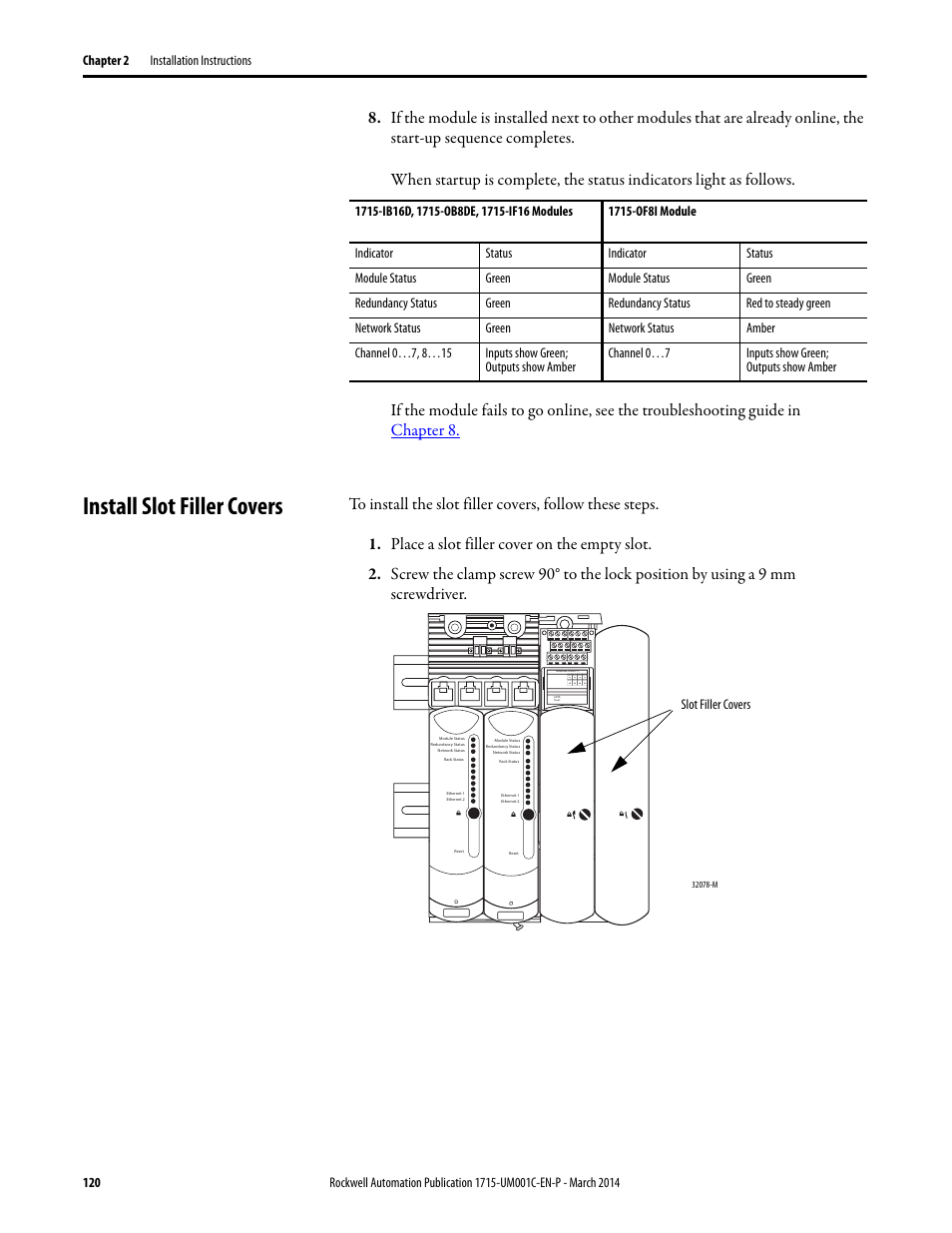 Install slot filler covers, Slot filler covers | Rockwell Automation 1715-OF8I Redundant I/O System User Manual User Manual | Page 120 / 324