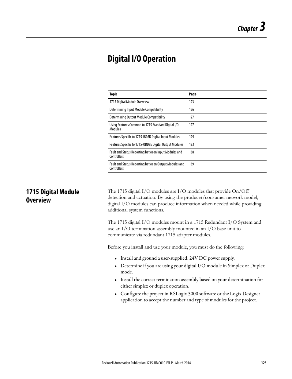 3 - digital i/o operation, 1715 digital module overview, Digital i/o operation | Chapter | Rockwell Automation 1715-OF8I Redundant I/O System User Manual User Manual | Page 123 / 324