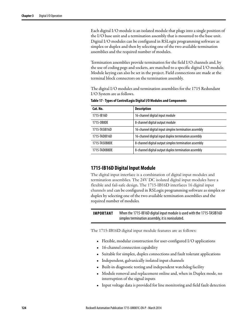 1715-ib16d digital input module | Rockwell Automation 1715-OF8I Redundant I/O System User Manual User Manual | Page 124 / 324