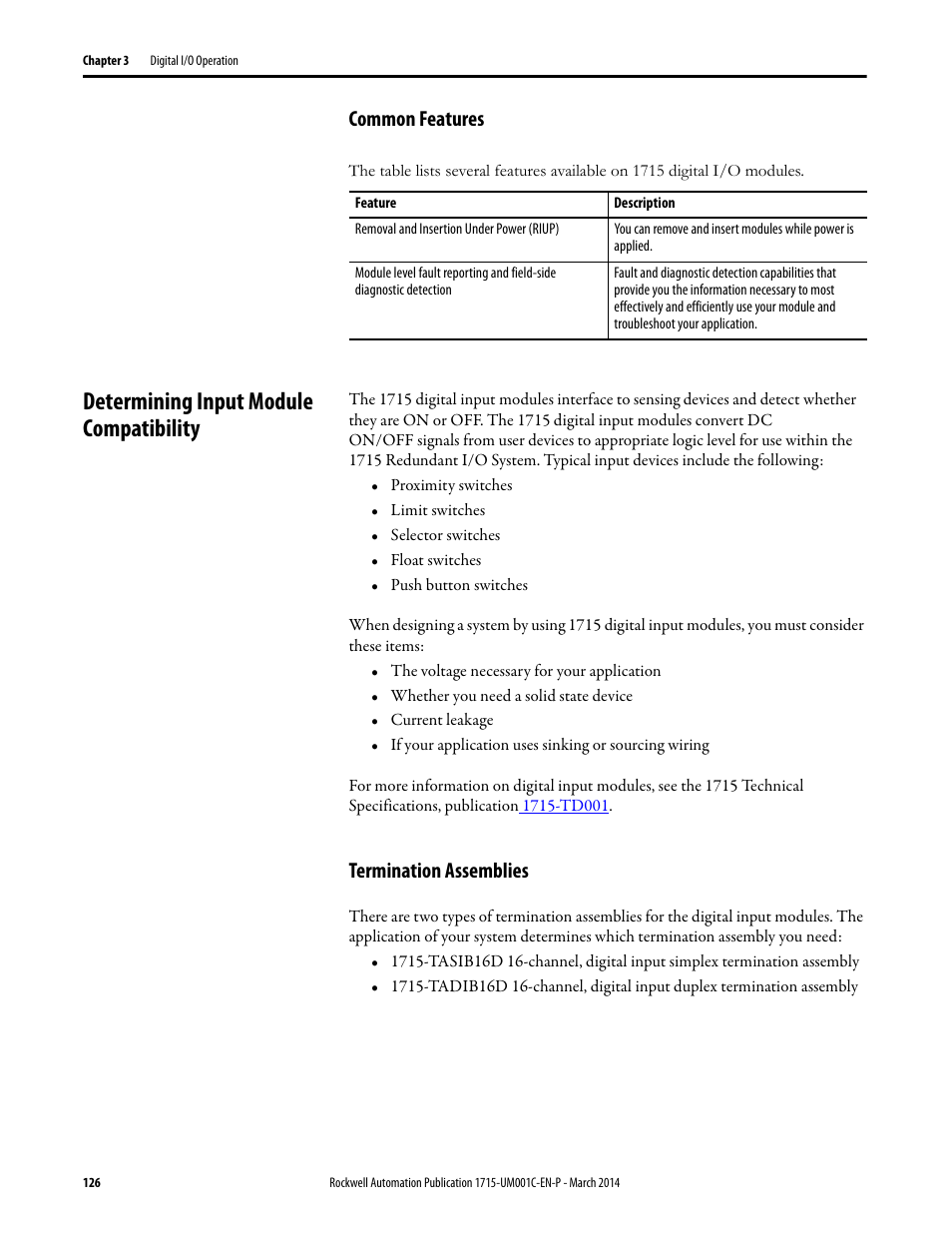 Common features, Determining input module compatibility, Termination assemblies | Rockwell Automation 1715-OF8I Redundant I/O System User Manual User Manual | Page 126 / 324