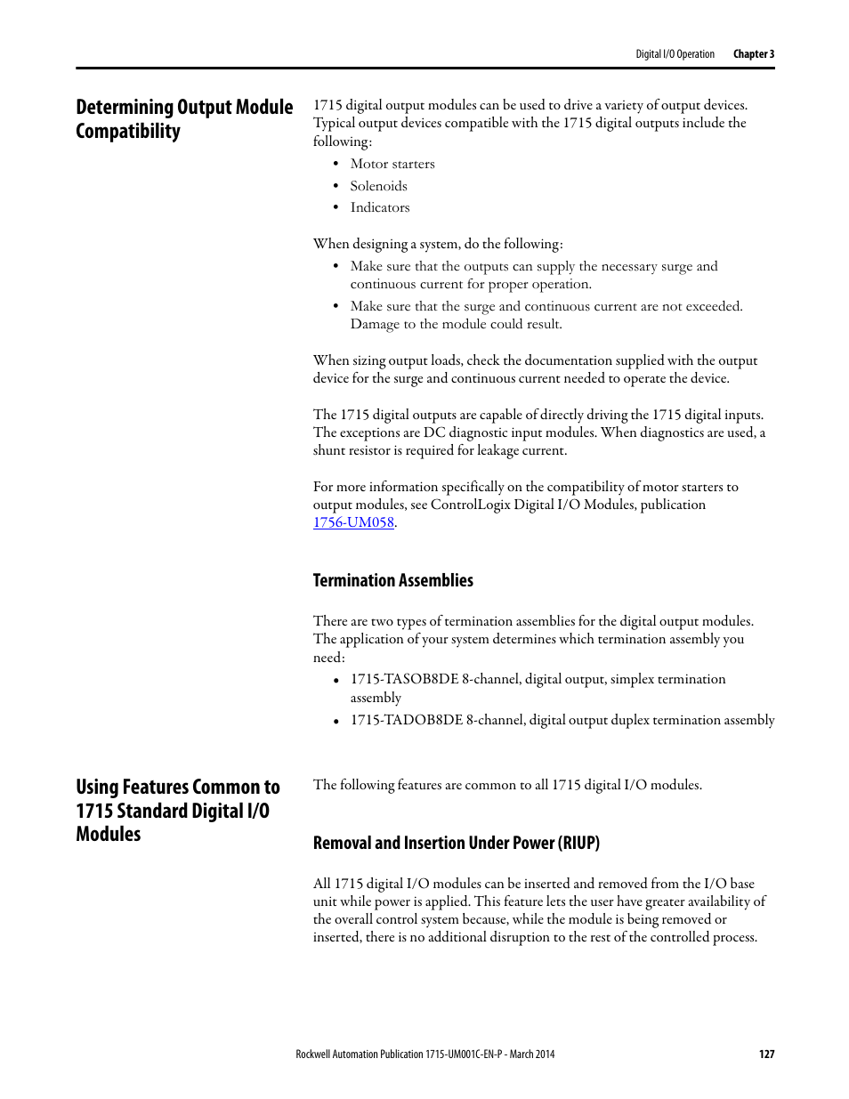 Determining output module compatibility, Termination assemblies, Removal and insertion under power (riup) | Rockwell Automation 1715-OF8I Redundant I/O System User Manual User Manual | Page 127 / 324