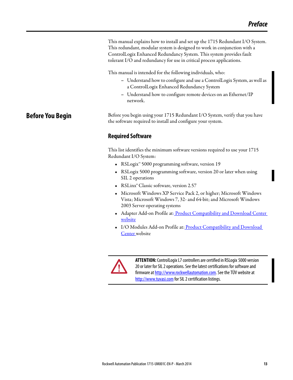 Preface, Before you begin, Required software | Rockwell Automation 1715-OF8I Redundant I/O System User Manual User Manual | Page 13 / 324