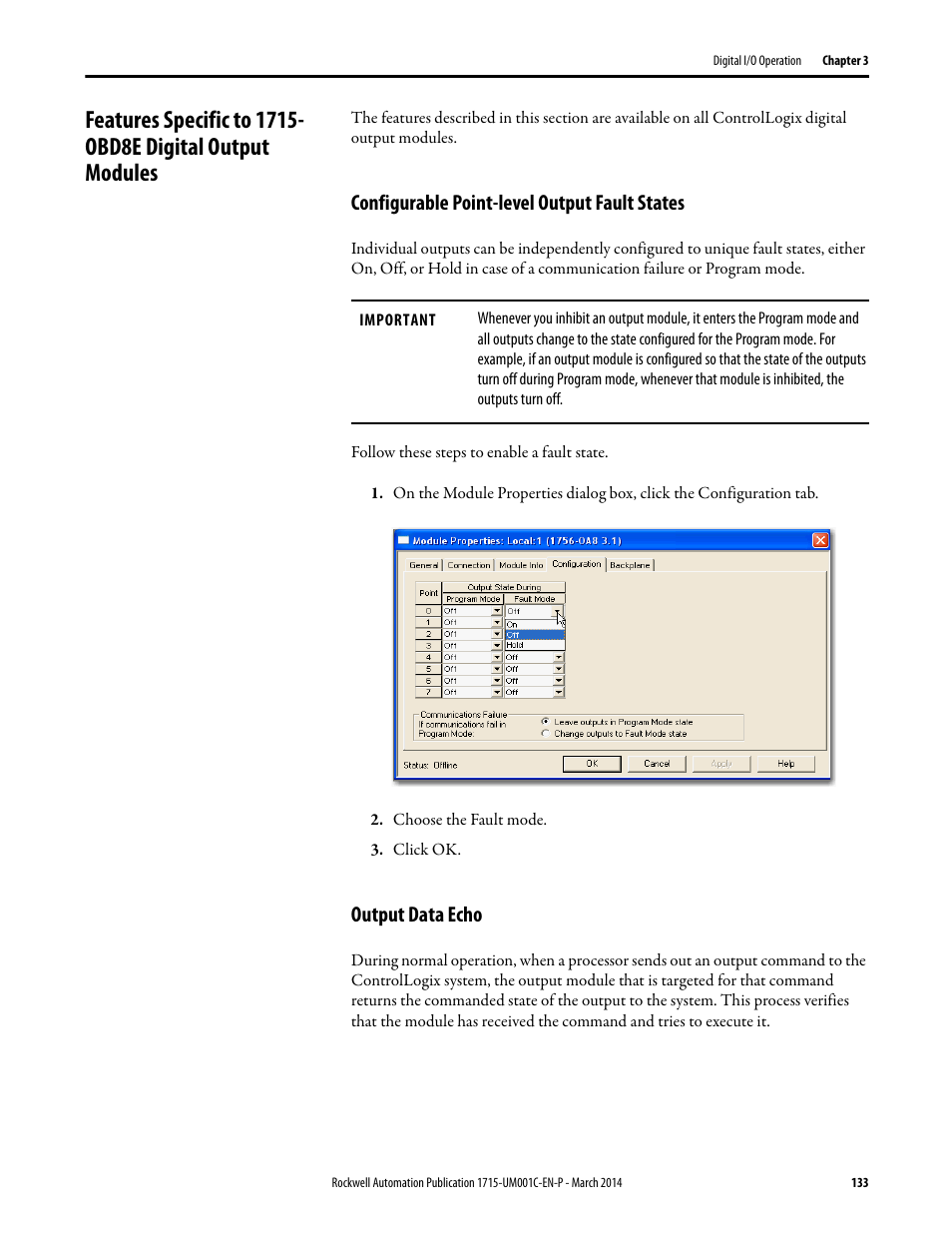 Configurable point-level output fault states, Output data echo | Rockwell Automation 1715-OF8I Redundant I/O System User Manual User Manual | Page 133 / 324