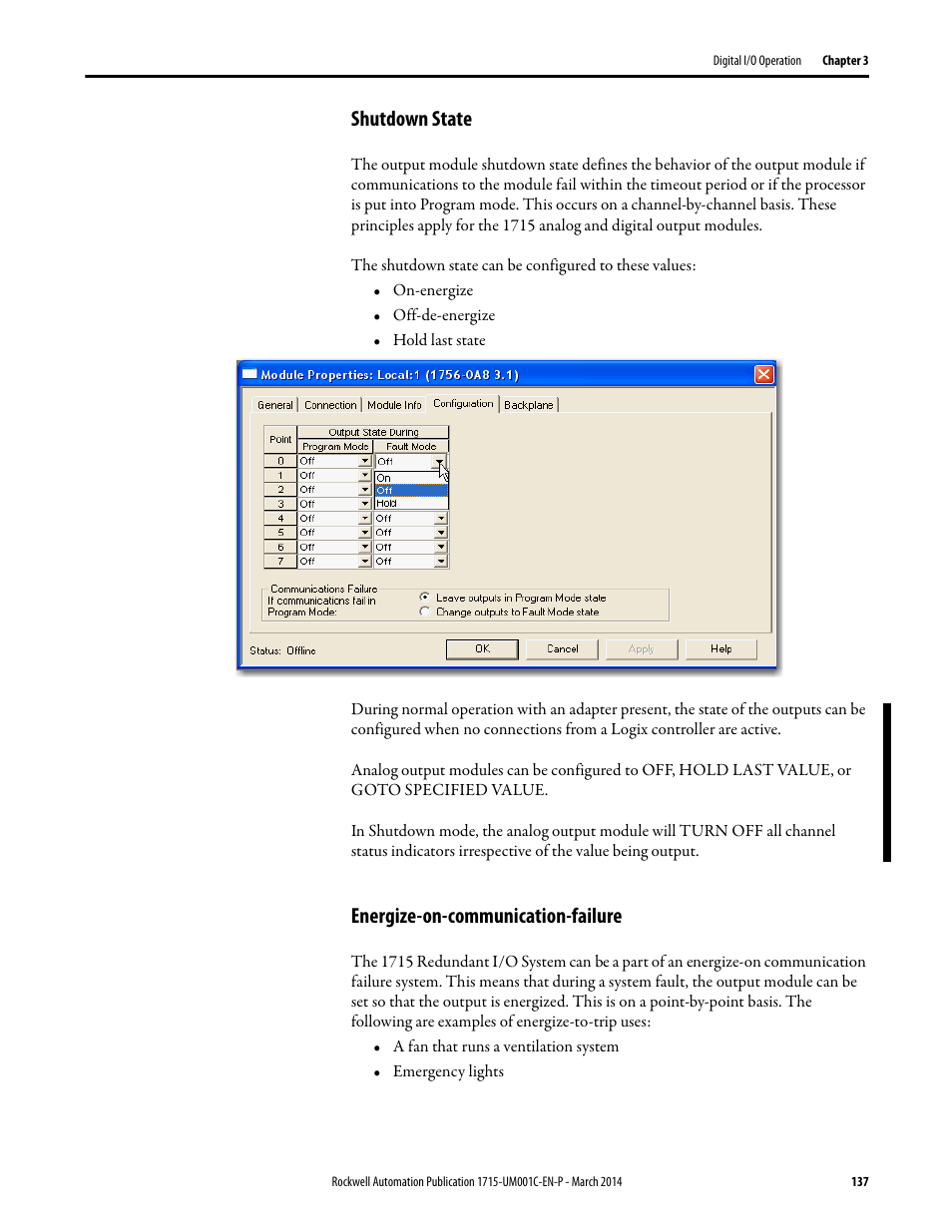 Shutdown state, Energize-on-communication-failure | Rockwell Automation 1715-OF8I Redundant I/O System User Manual User Manual | Page 137 / 324