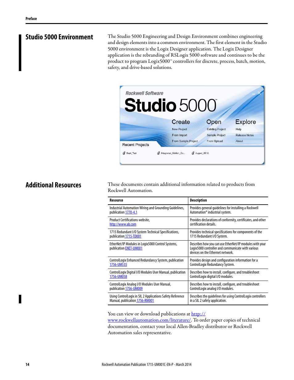 Studio 5000 environment, Additional resources | Rockwell Automation 1715-OF8I Redundant I/O System User Manual User Manual | Page 14 / 324