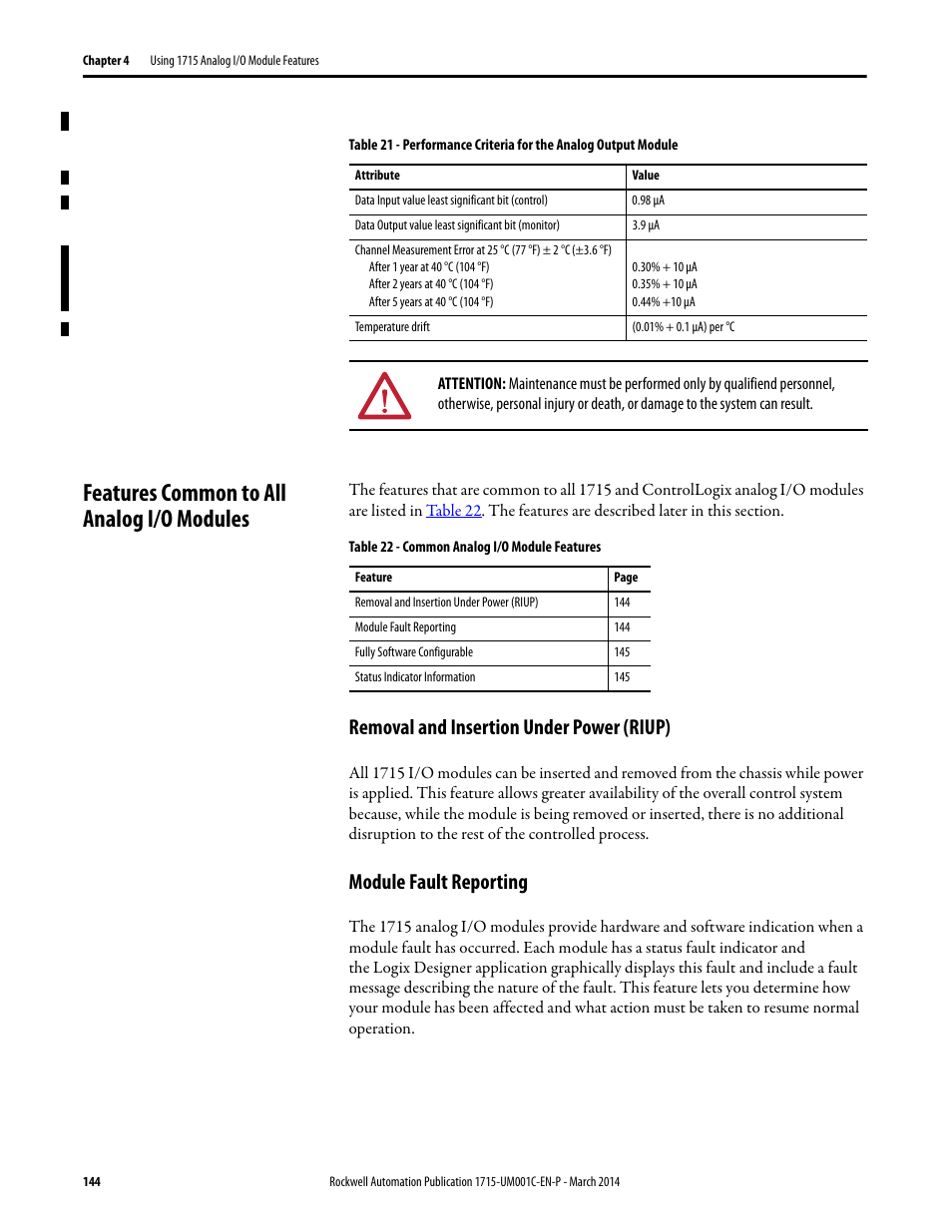 Features common to all analog i/o modules, Removal and insertion under power (riup), Module fault reporting | Rockwell Automation 1715-OF8I Redundant I/O System User Manual User Manual | Page 144 / 324