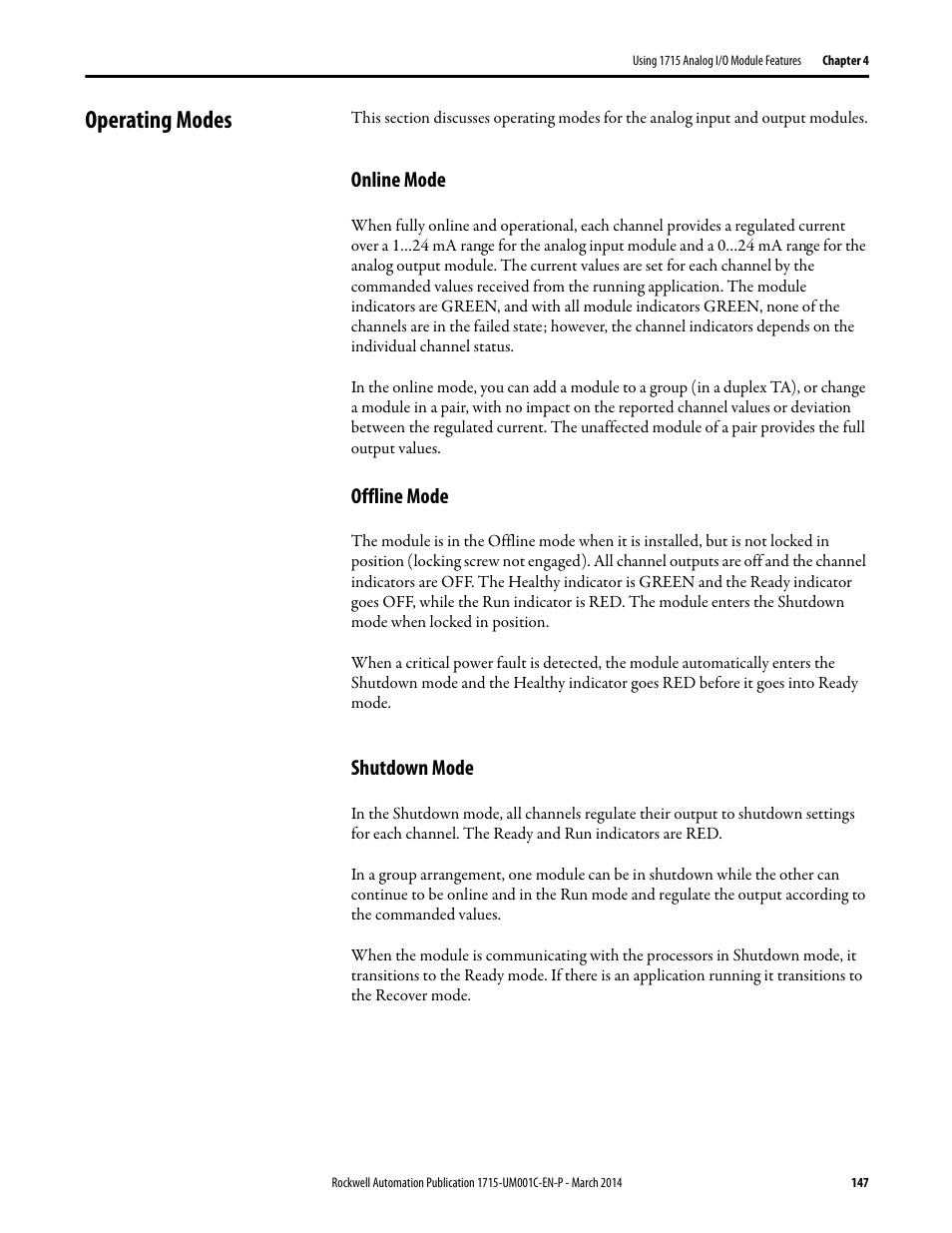 Operating modes, Online mode, Offline mode | Shutdown mode | Rockwell Automation 1715-OF8I Redundant I/O System User Manual User Manual | Page 147 / 324