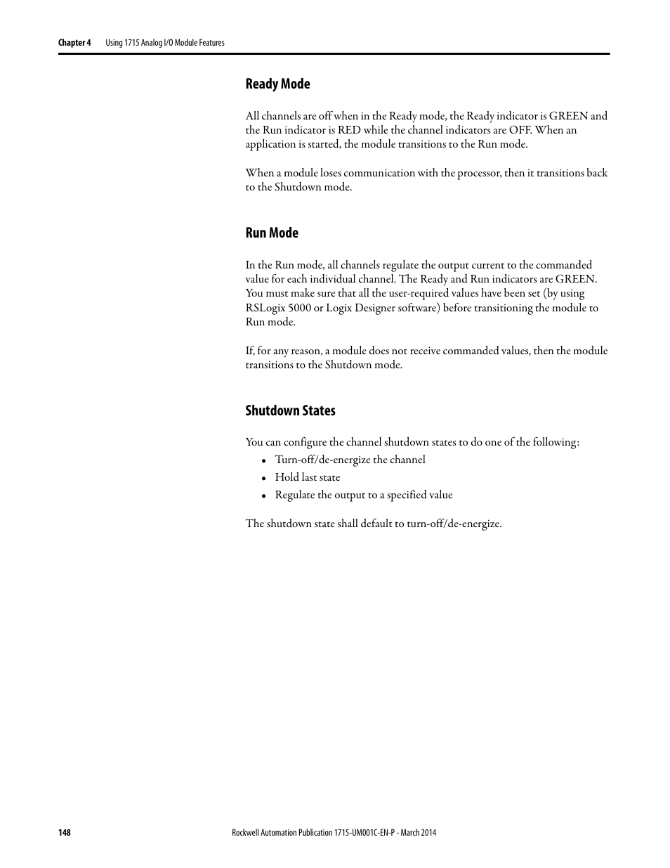 Ready mode, Run mode, Shutdown states | Rockwell Automation 1715-OF8I Redundant I/O System User Manual User Manual | Page 148 / 324