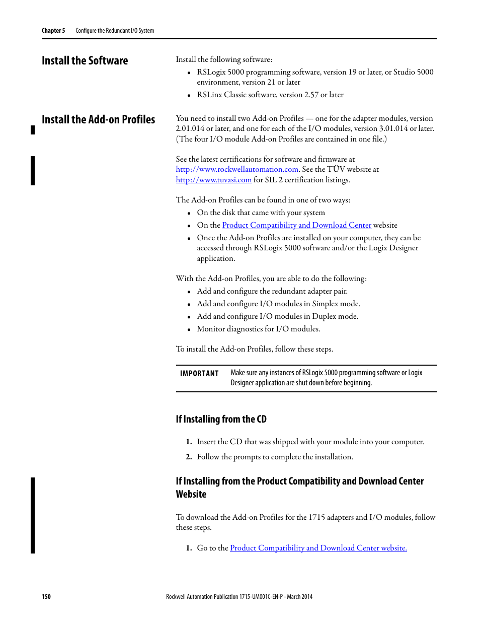 Install the software, Install the add-on profiles, If installing from the cd | Rockwell Automation 1715-OF8I Redundant I/O System User Manual User Manual | Page 150 / 324