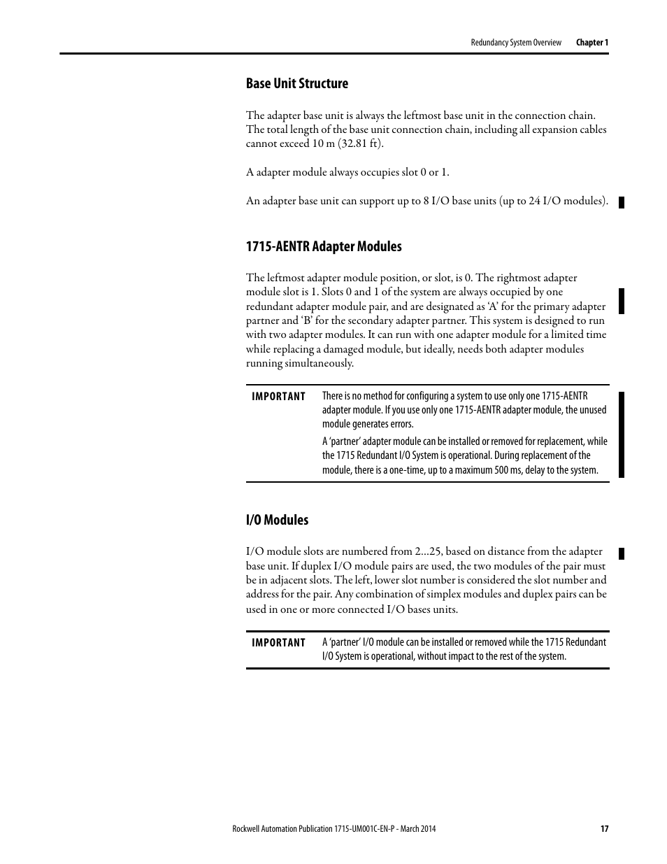 Base unit structure, 1715-aentr adapter modules, I/o modules | Rockwell Automation 1715-OF8I Redundant I/O System User Manual User Manual | Page 17 / 324