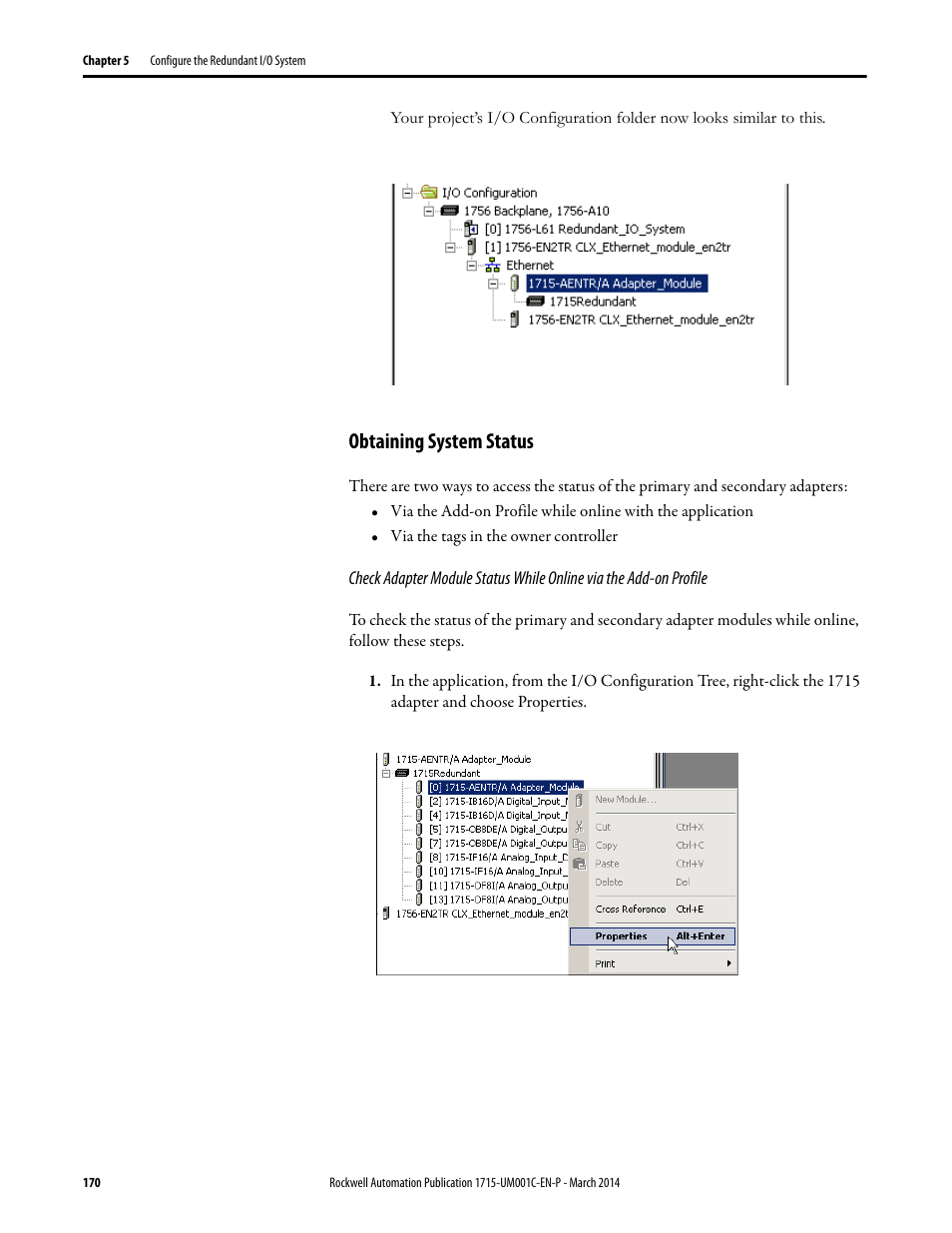 Obtaining system status | Rockwell Automation 1715-OF8I Redundant I/O System User Manual User Manual | Page 170 / 324