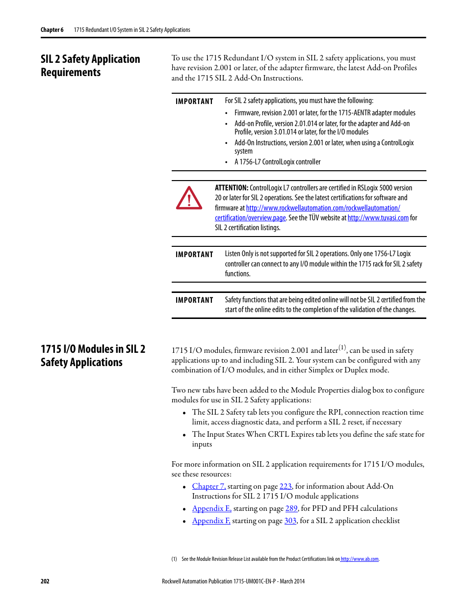 Sil 2 safety application requirements, 1715 i/o modules in sil 2 safety applications | Rockwell Automation 1715-OF8I Redundant I/O System User Manual User Manual | Page 202 / 324