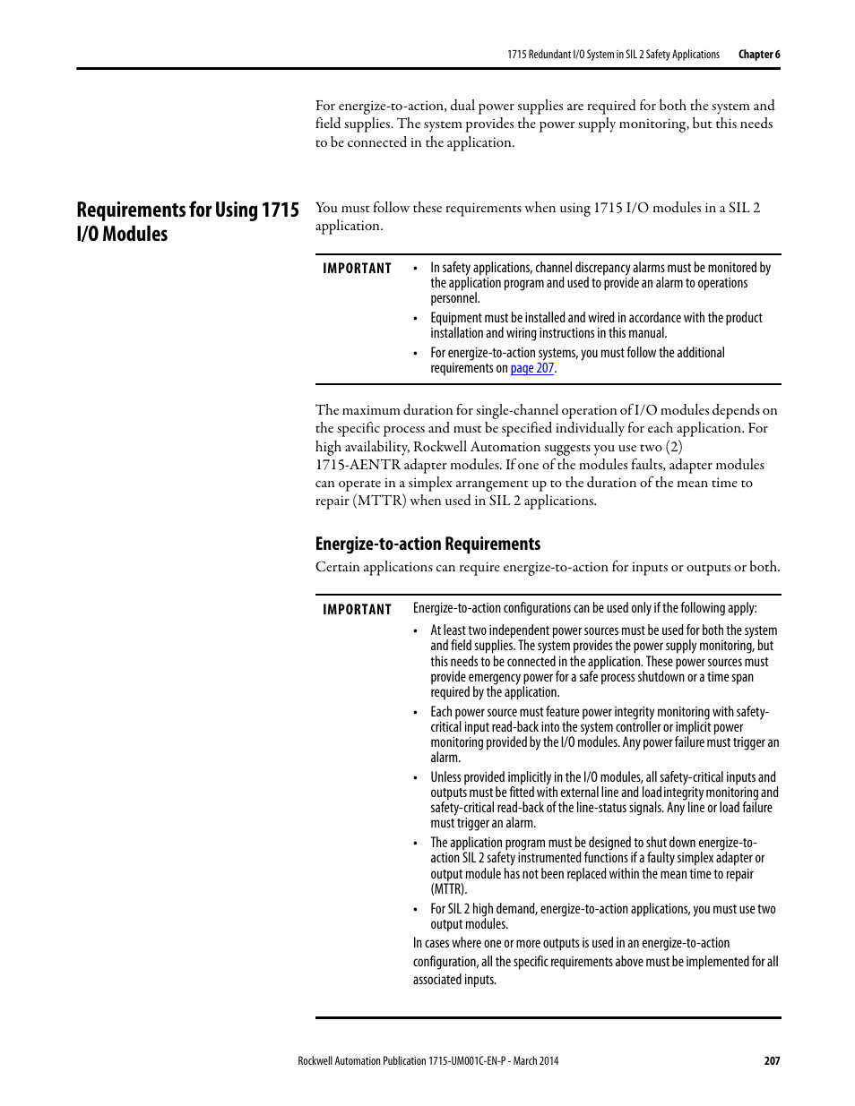 Requirements for using 1715 i/o modules, Energize-to-action requirements | Rockwell Automation 1715-OF8I Redundant I/O System User Manual User Manual | Page 207 / 324