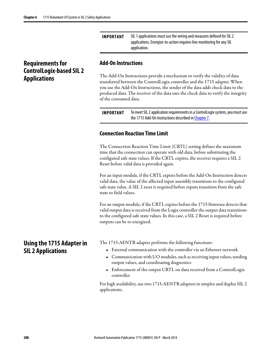 Add-on instructions, Connection reaction time limit, Using the 1715 adapter in sil 2 applications | Rockwell Automation 1715-OF8I Redundant I/O System User Manual User Manual | Page 208 / 324
