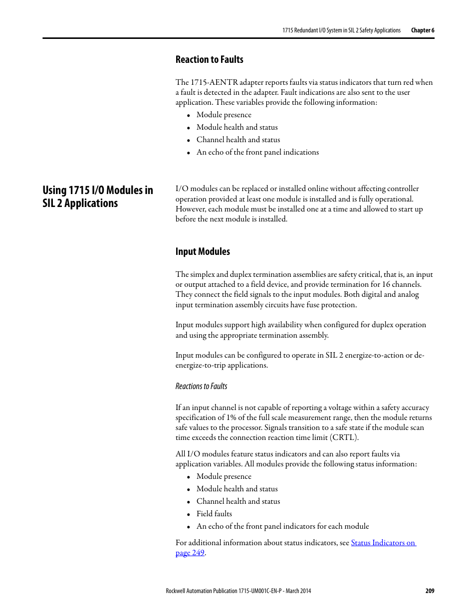 Reaction to faults, Using 1715 i/o modules in sil 2 applications, Input modules | Rockwell Automation 1715-OF8I Redundant I/O System User Manual User Manual | Page 209 / 324