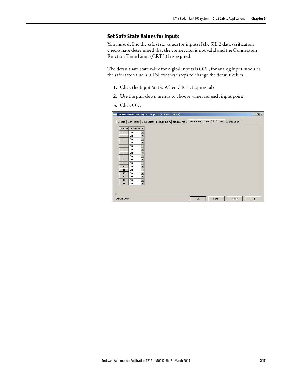 Set safe state values for inputs | Rockwell Automation 1715-OF8I Redundant I/O System User Manual User Manual | Page 217 / 324