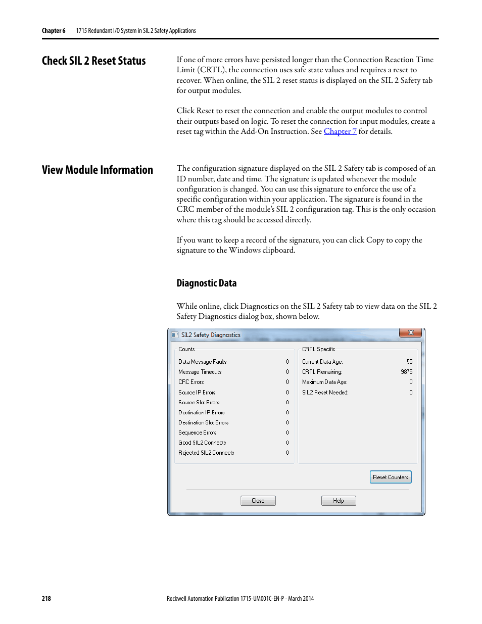 Check sil 2 reset status, View module information, Diagnostic data | Rockwell Automation 1715-OF8I Redundant I/O System User Manual User Manual | Page 218 / 324
