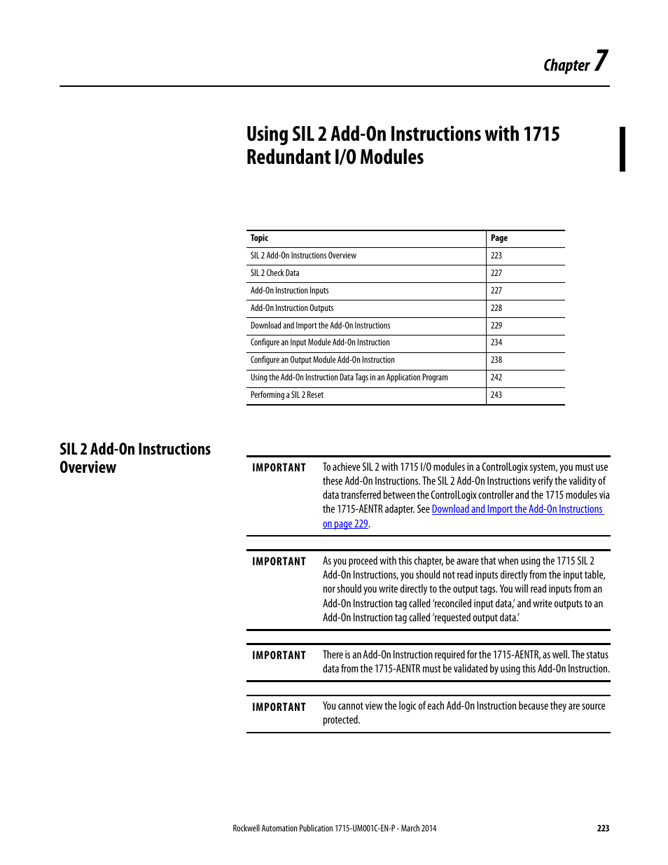 Sil 2 add-on instructions overview, Chapter 7, Chapter | Rockwell Automation 1715-OF8I Redundant I/O System User Manual User Manual | Page 223 / 324