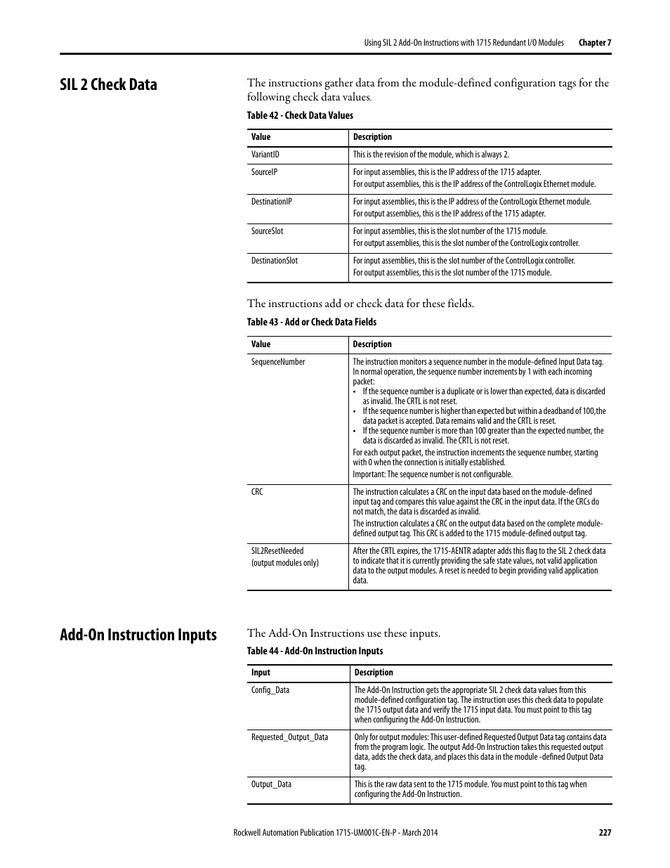 Sil 2 check data, Add-on instruction inputs | Rockwell Automation 1715-OF8I Redundant I/O System User Manual User Manual | Page 227 / 324