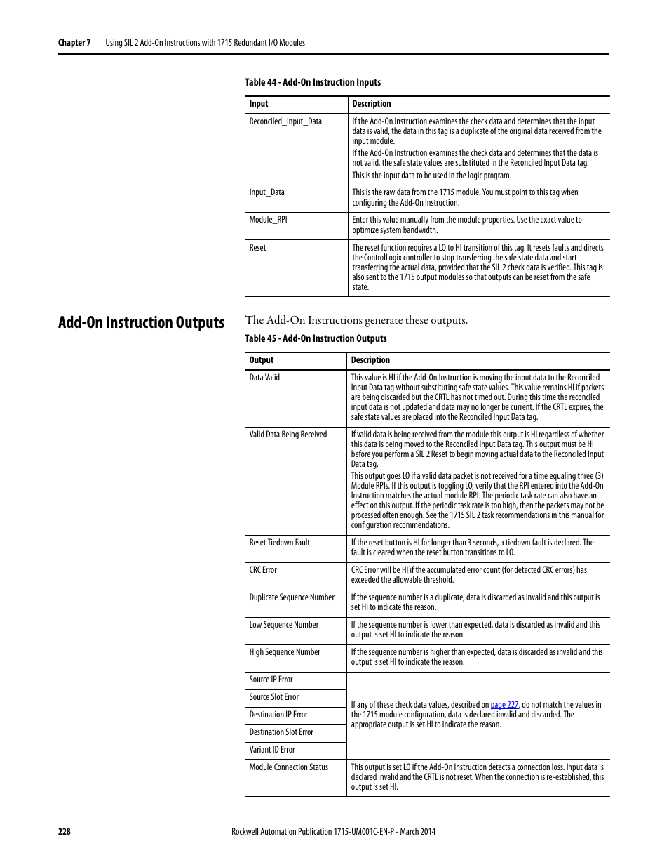 Add-on instruction outputs | Rockwell Automation 1715-OF8I Redundant I/O System User Manual User Manual | Page 228 / 324