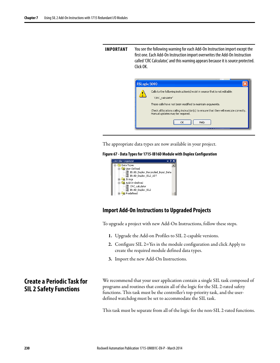 Import add-on instructions to upgraded projects, Create a periodic task for sil 2 safety functions | Rockwell Automation 1715-OF8I Redundant I/O System User Manual User Manual | Page 230 / 324