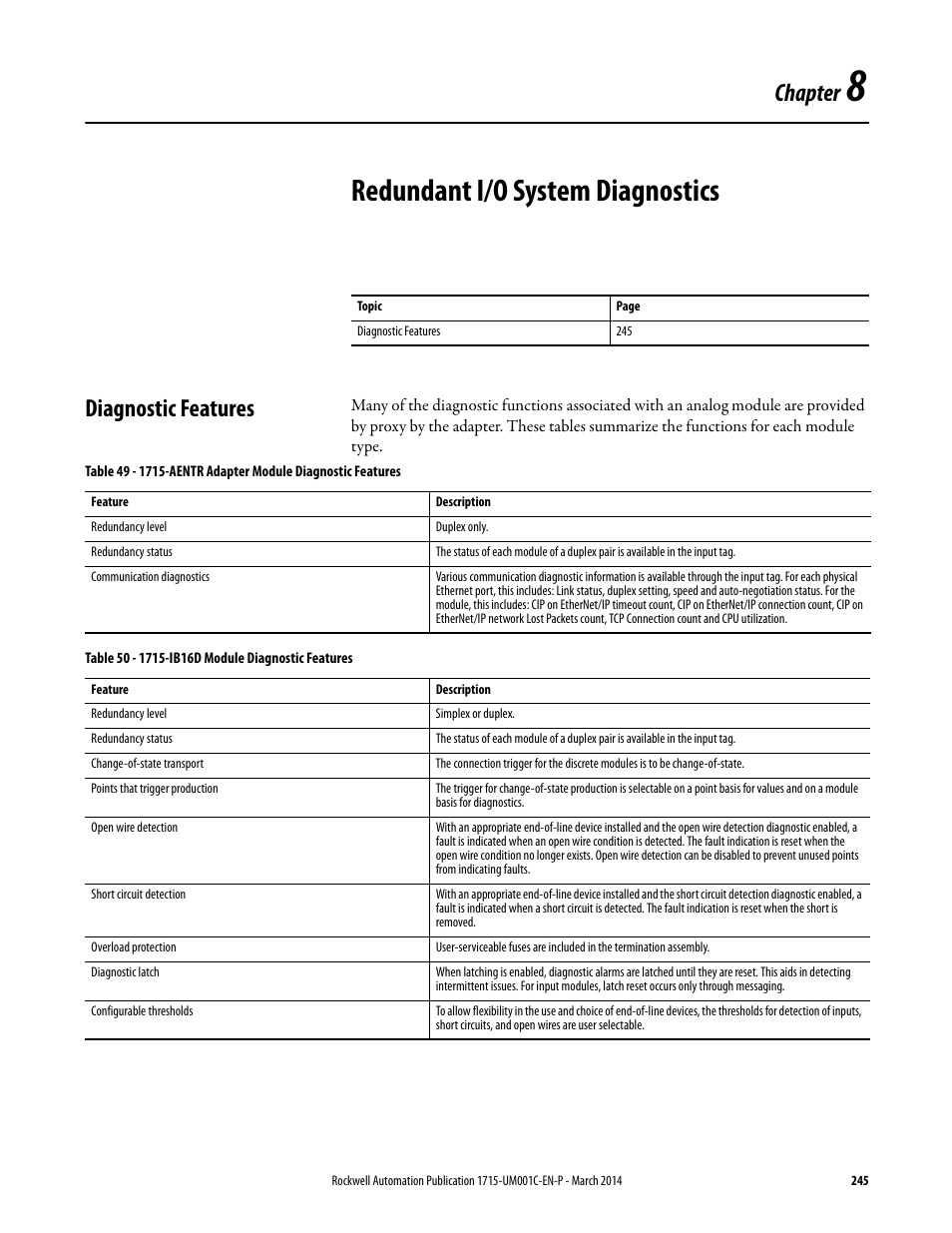 8 - redundant i/o system diagnostics, Diagnostic features, Redundant i/o system diagnostics | Chapter | Rockwell Automation 1715-OF8I Redundant I/O System User Manual User Manual | Page 245 / 324